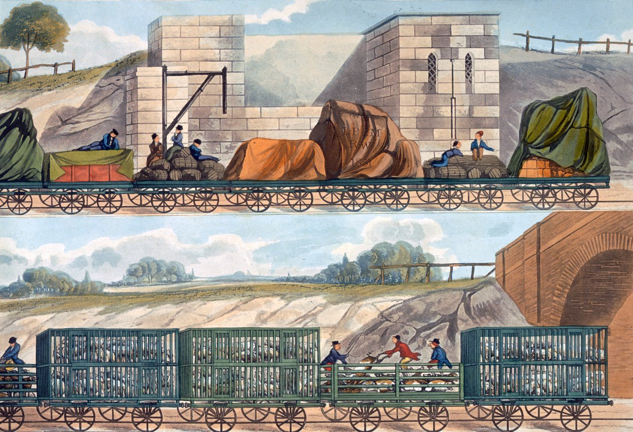Vonatok a liverpooli és manchesteri vasúton, 1832-1833 alkotó: SG Hughes