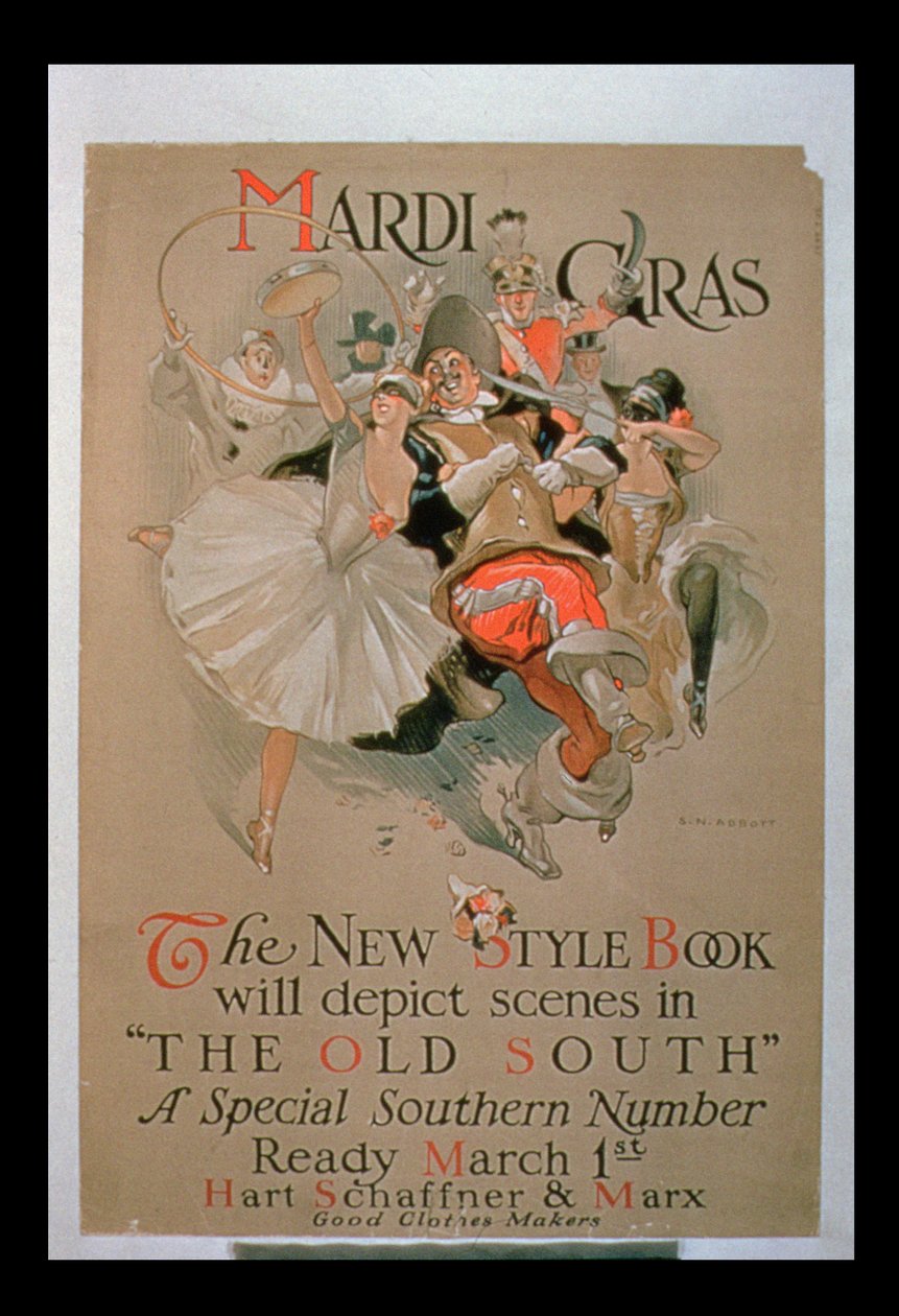 „Mardi Gras”, „Az új stílusú könyv” reklámja, különleges déli szám „The Old South” jeleneteivel (színes litó) alkotó: S.N. Abbott