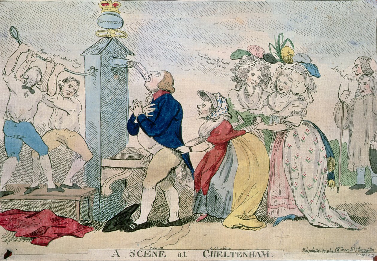 Jelenet Cheltenhamben. Szatirikus rajzfilm, kocsma. 1788 alkotó: S.W. Fores