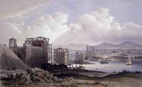 A Menai-szoroson átívelő Britannia csőhíd, 1848-as építkezés közben készült, Day and Son litográfiája alkotó: S. (after) Russell