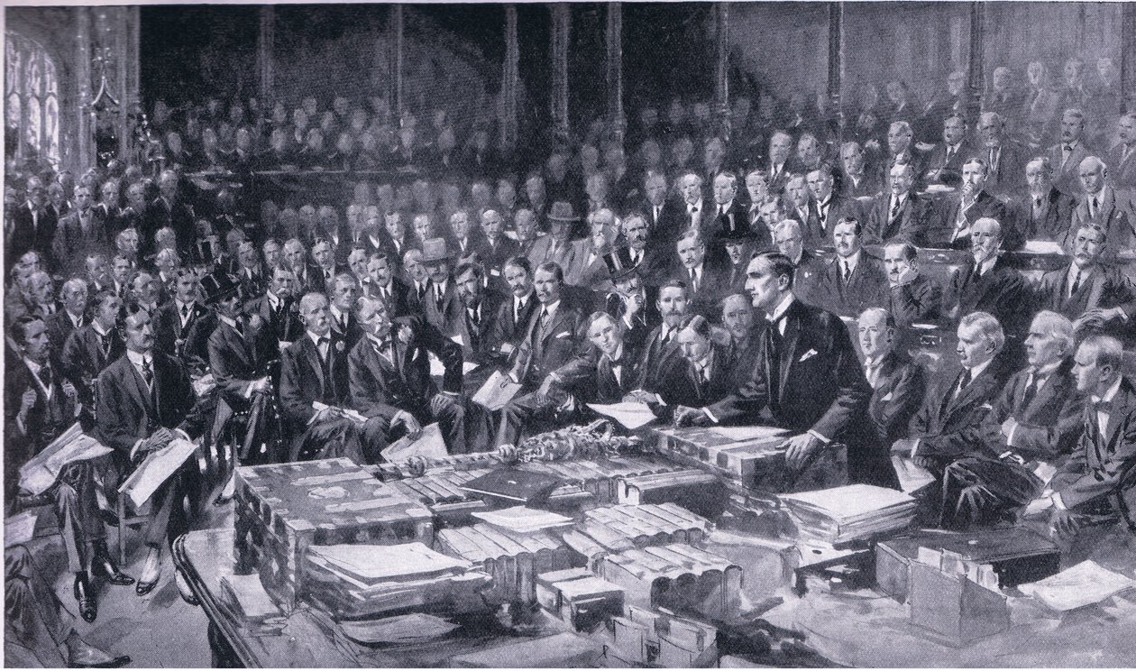 Az 1914. augusztus 3-i parlament történetének egyik legjelentősebb eseménye a Cassells History of the British People-ből, a Waverley Book Company Limited által kiadott, 1940 körül. alkotó: S. Begg