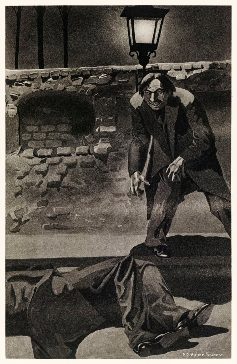 Egyszerre dicsőülten és remegve menekült el e túlzások színhelyéről” Robert Louis Stevenson (1850-1894) „Dr. Jekyll és Mr. Hyde furcsa esetéből” S.G. Hulme Beamam (1887-1932) illusztrációja egy 1930-as kiadáshoz. további információ alább. alkotó: S. G. Hulme Beamam