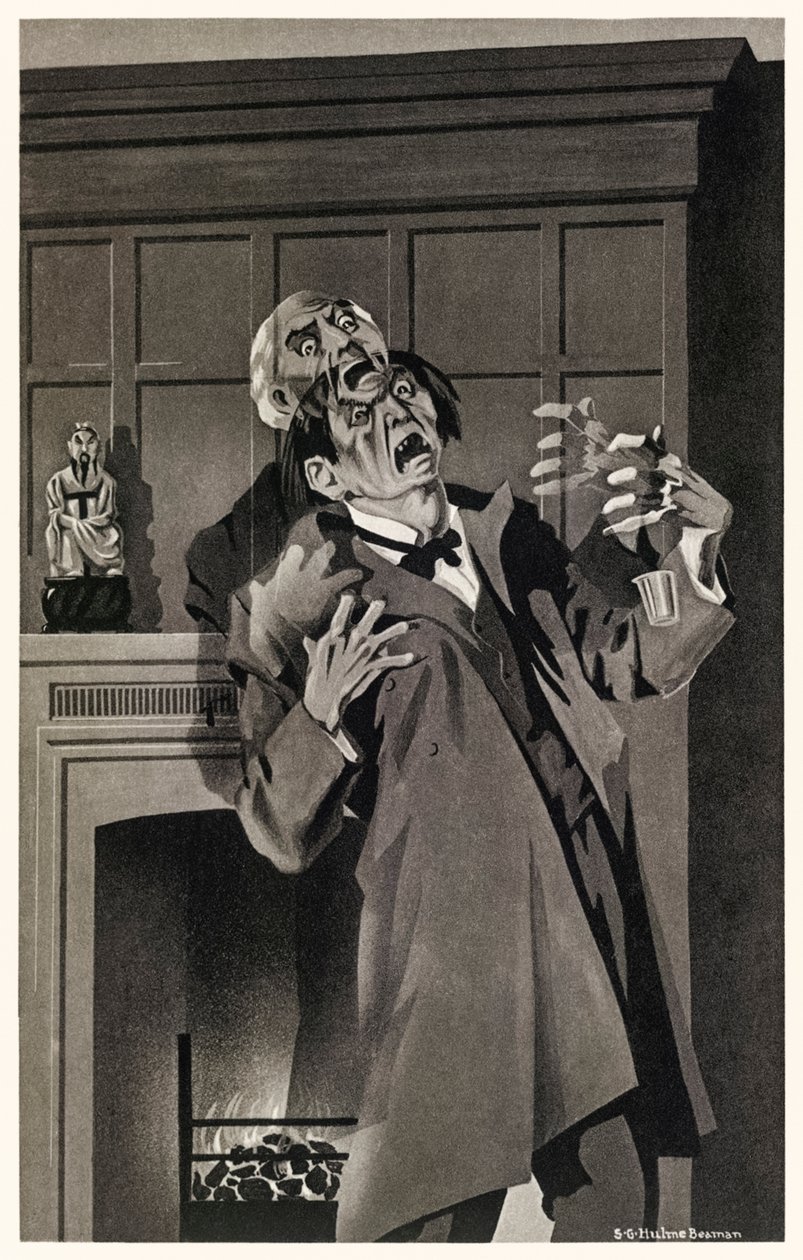 Úgy tűnt, hogy a jellemzők elolvadtak és megváltoztak" Robert Louis Stevenson (1850-1894) "Dr. Jekyll és Mr. Hyde különös esetéből". S.G. Hulme Beamam (1887-1932) illusztrációja egy 1930-as kiadáshoz. További információkat lásd alább. alkotó: S. G. Hulme Beamam
