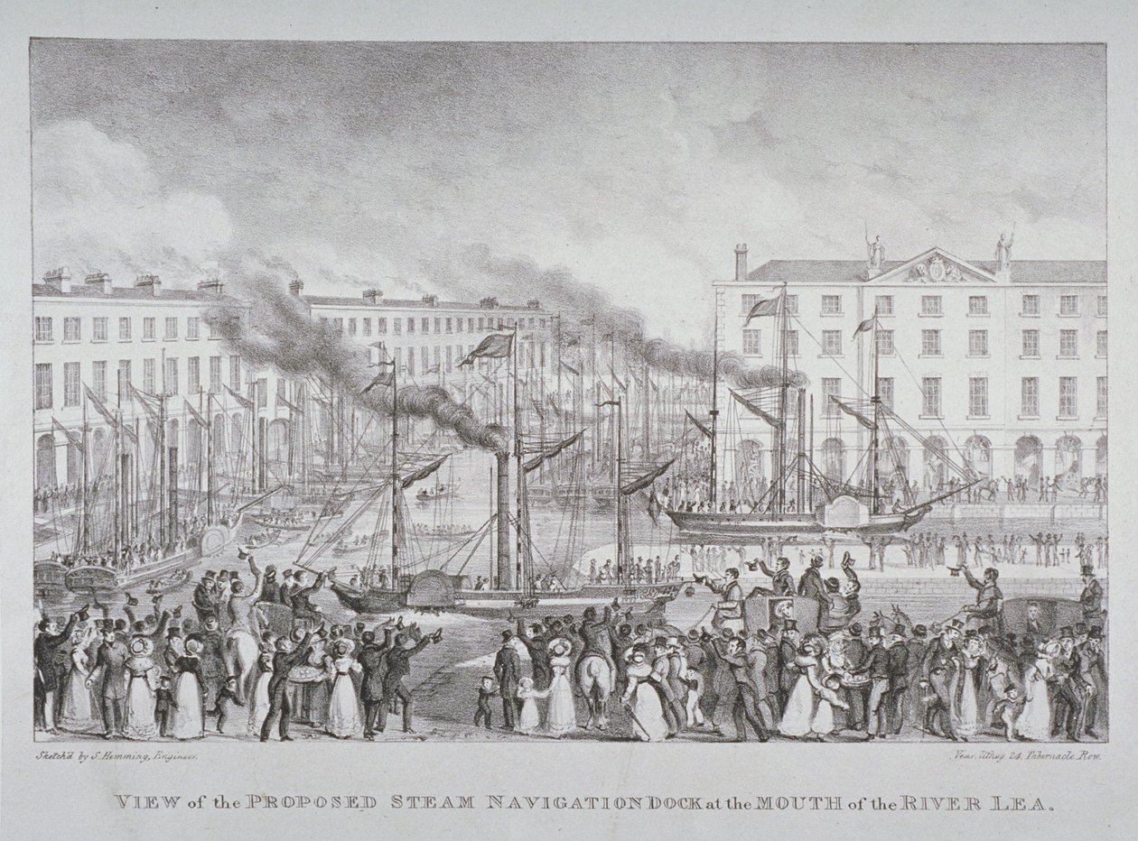 Kilátás a javasolt gőzhajós dokkról a Lea folyó torkolatánál, 1835 körül alkotó: S. Hemming
