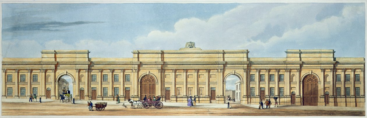 A liverpooli és manchesteri vasútvonal új nagy bejárata, Lime Street, Liverpool, a "Liverpool and Manchester Railway" című műből, metszet: John Harris, kiadó: Ackermann és Co., 1836. alkotó: S. Kelper