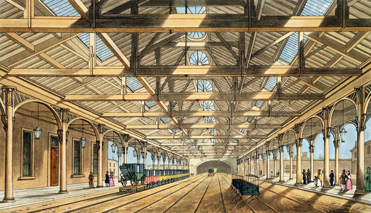 Új pályaudvar, Lime Street, az alagút bejárata és a foglalási irodák, a „Liverpool and Manchester Railway”-ről, John Harris metszet, pub. Ackermann und Co., 1836 alkotó: S. Kelper