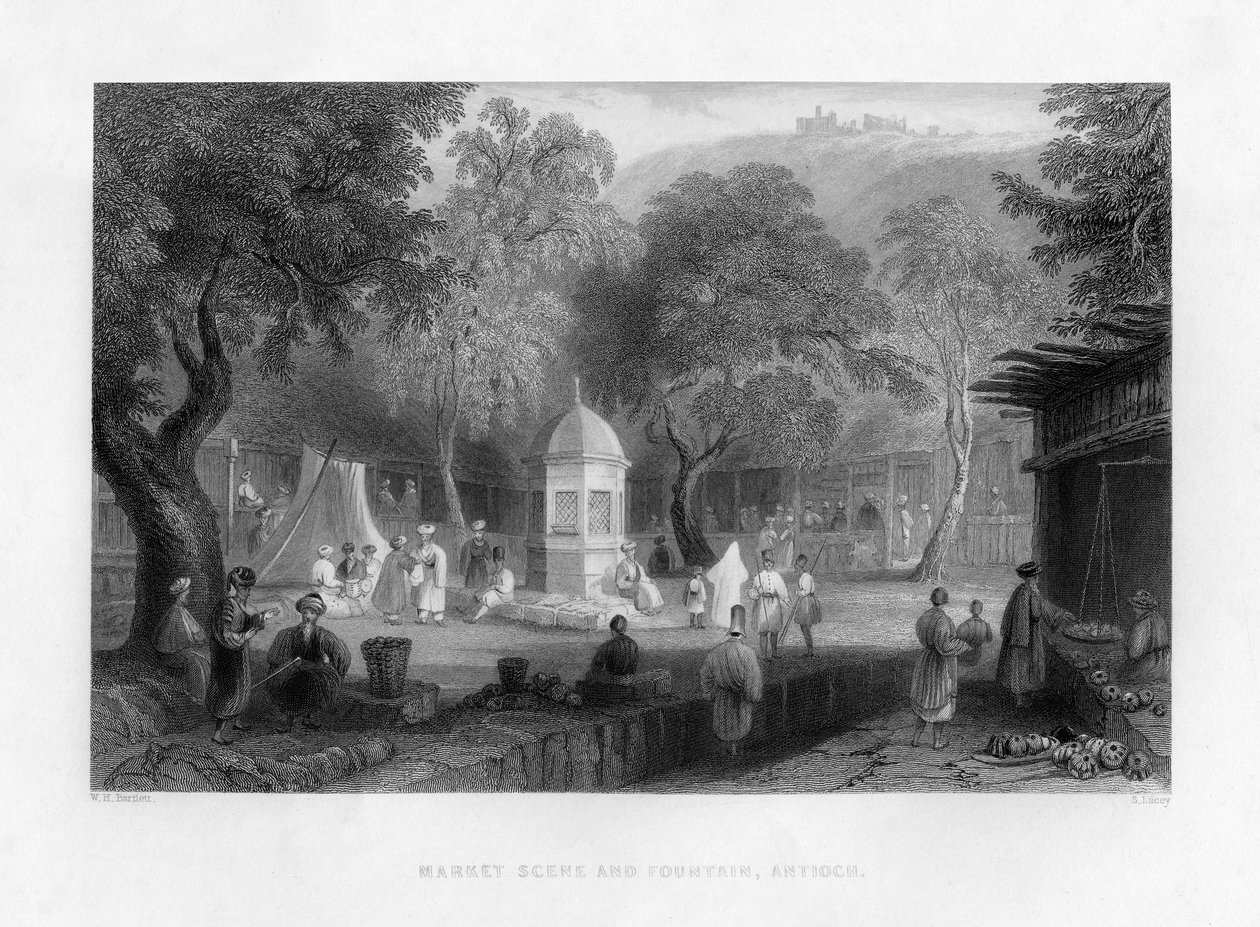 Piaci jelenet és szökőkút Antiochiában, Törökországban, 1841. alkotó: S. Lacey