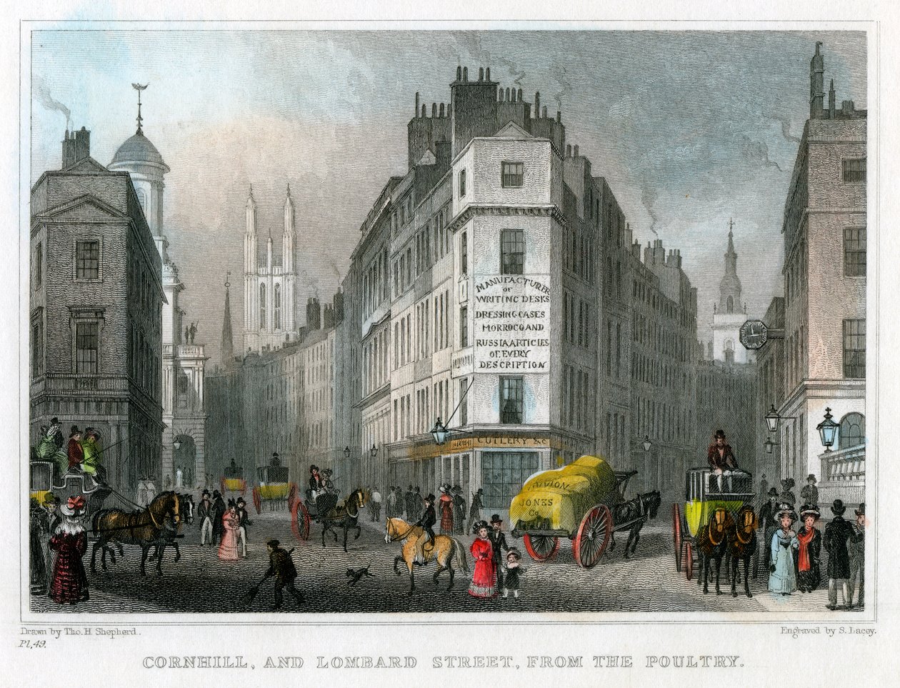 Cornhill és Lombard Street a Poultryből, London City, 1830. alkotó: S. Lacey
