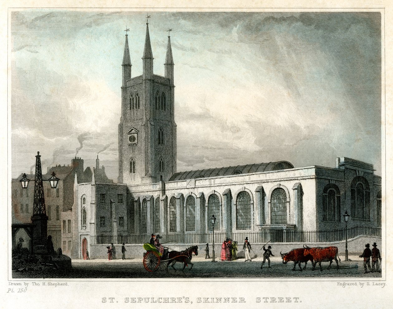 St Sepulchres templom, Skinner Street, London City, 1830. alkotó: S. Lacey