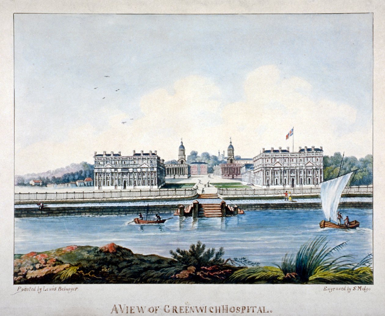 Kilátás a Greenwich Kórházra az Isle of Dogs szigetéről, London, c1800 alkotó: S Malgo