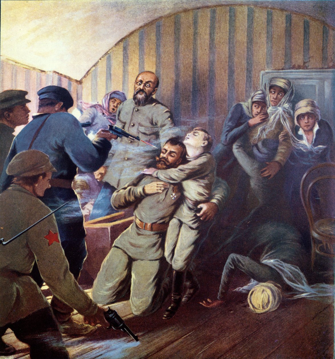 II. Miklós cár (1868-1918) és családja kivégzése Jekatyerinburgban, 1918. július 17-én, a Histoire des Soviets-ból, H. de Weindel, 1923-24 alkotó: S. Sarmat