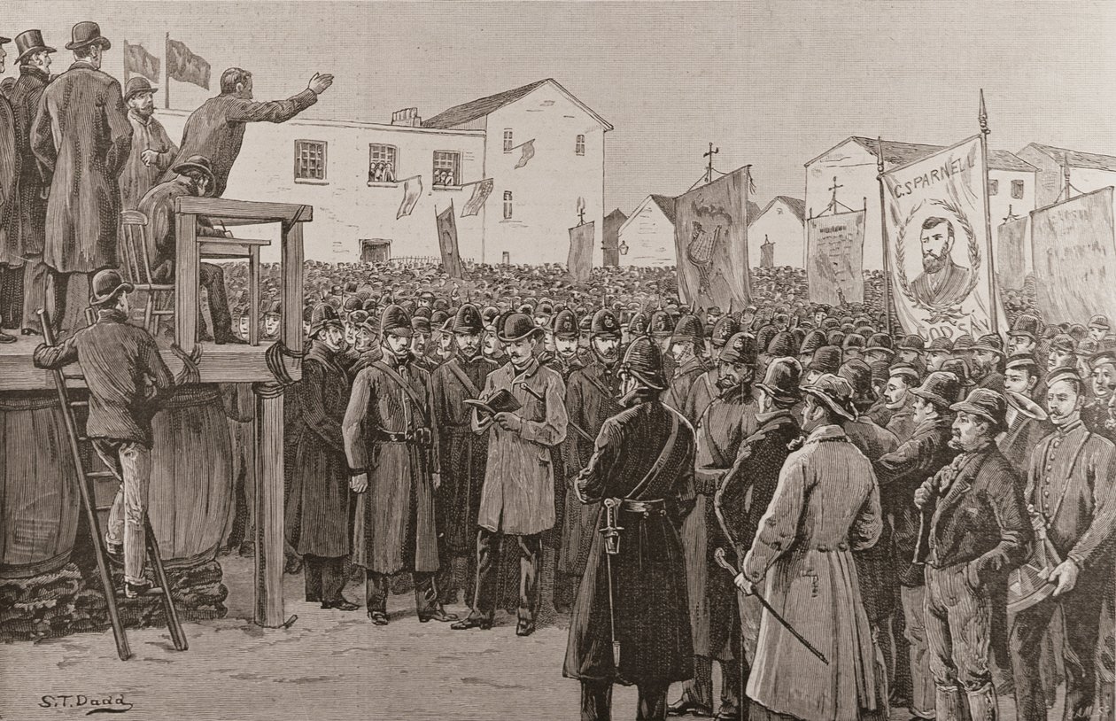 Rendőrség őrködik egy kormányriporteren a „Plan of Campaign Meeting”-en, a „The Illustrated London News”-ból, 1887. január 8. (metszet) alkotó: S. T. Dadd