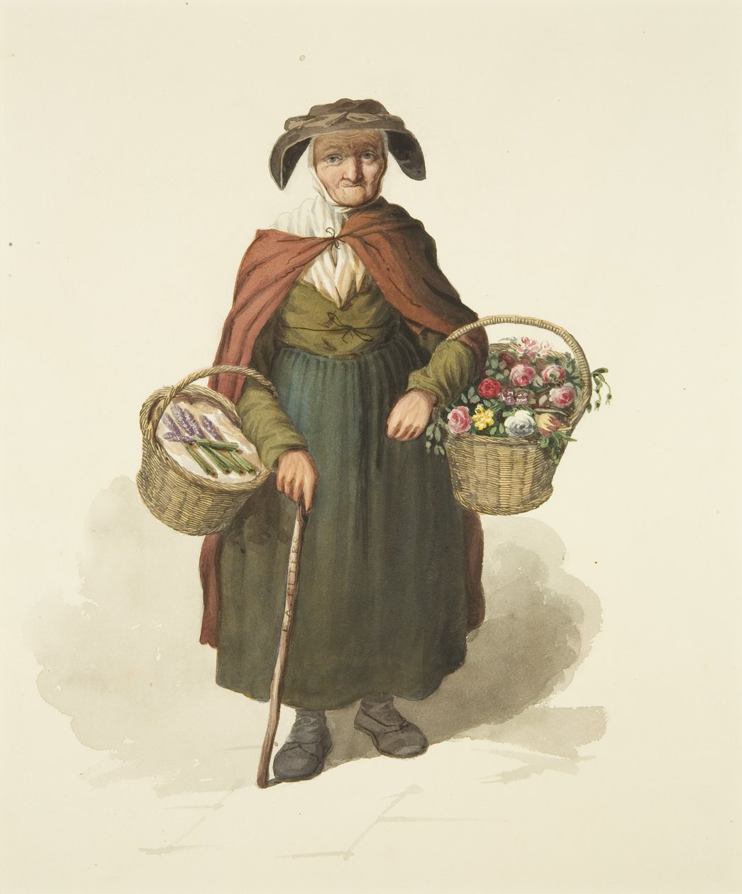 Old Kingswood Flower Seller, 1828 körül (ceruza és akvarell papíron) alkotó: S. or D. A. Peters