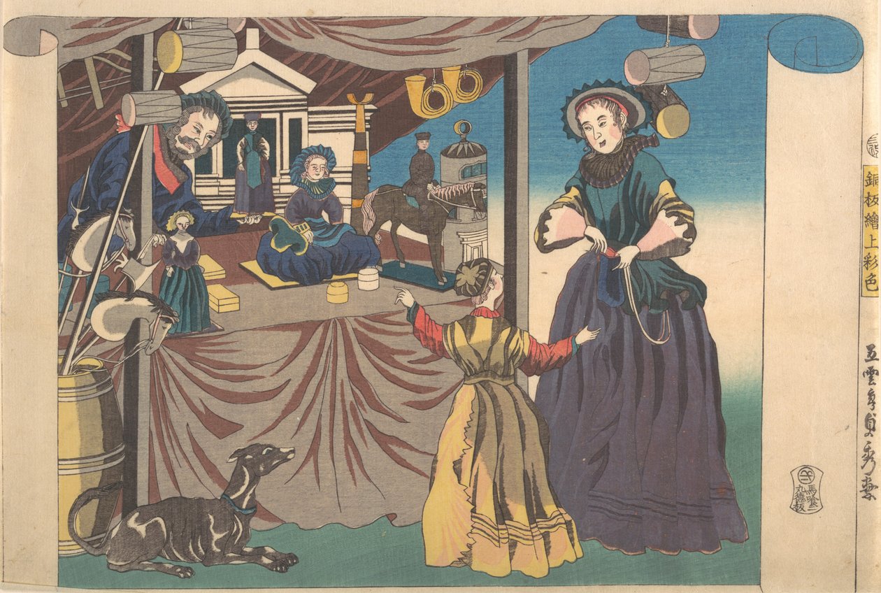 Színes nyomat egy rézkarcról egy játékbolt képe, 1860. alkotó: Sadahide Utagawa
