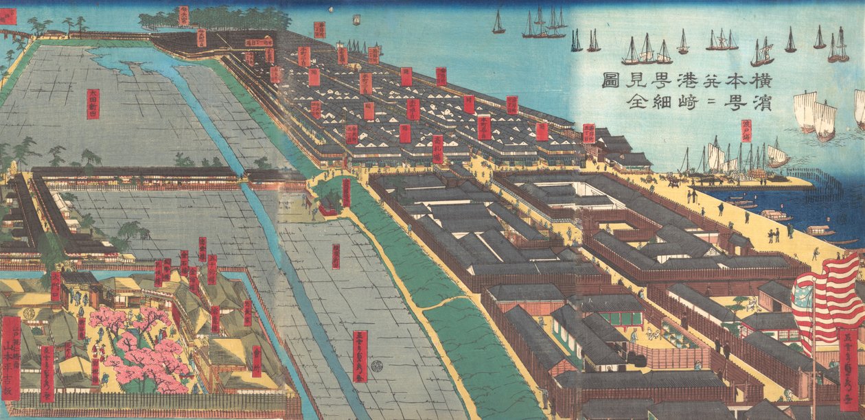 A Yokohama Hon-cho és a Miyozaki Pleasure Quarter részletes nyomtatványa, 4. hónap. 1860. alkotó: Sadahide Utagawa