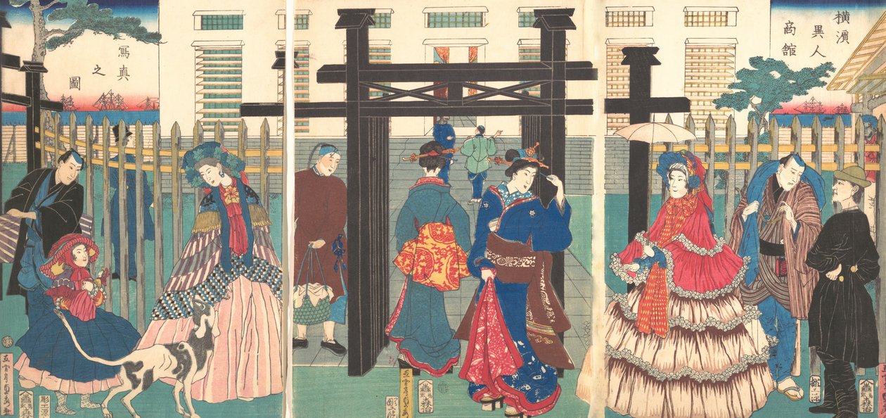 Külföldi üzleti vállalkozás Yokohamában, 1861. alkotó: Sadahide Utagawa
