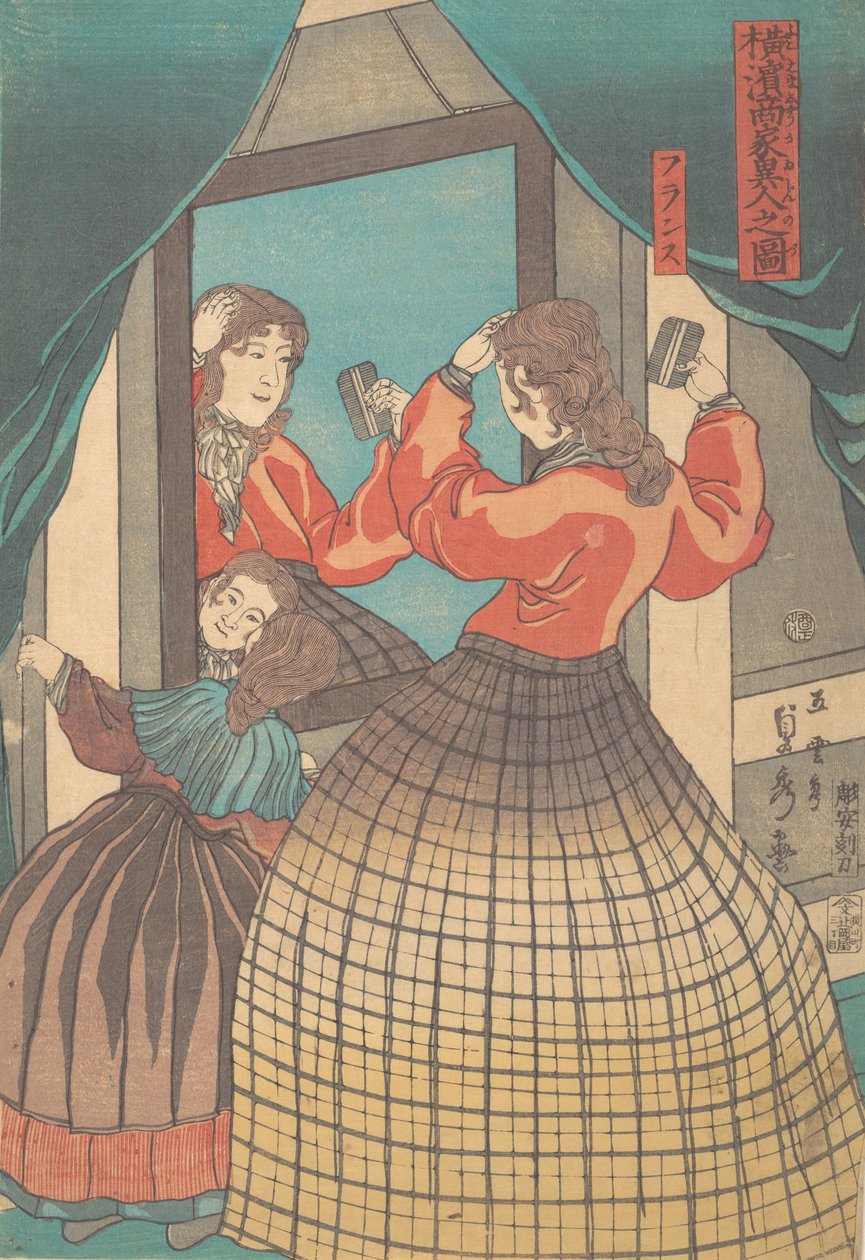 Francia nő és lány, a Külföldi kereskedők Yokohamában című sorozatból, 1861. alkotó: Sadahide Utagawa