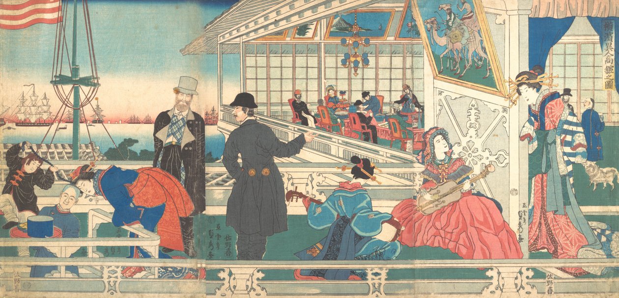 Külföldi kereskedők otthona Yokohamában, 1861. 9. hónap. alkotó: Sadahide Utagawa