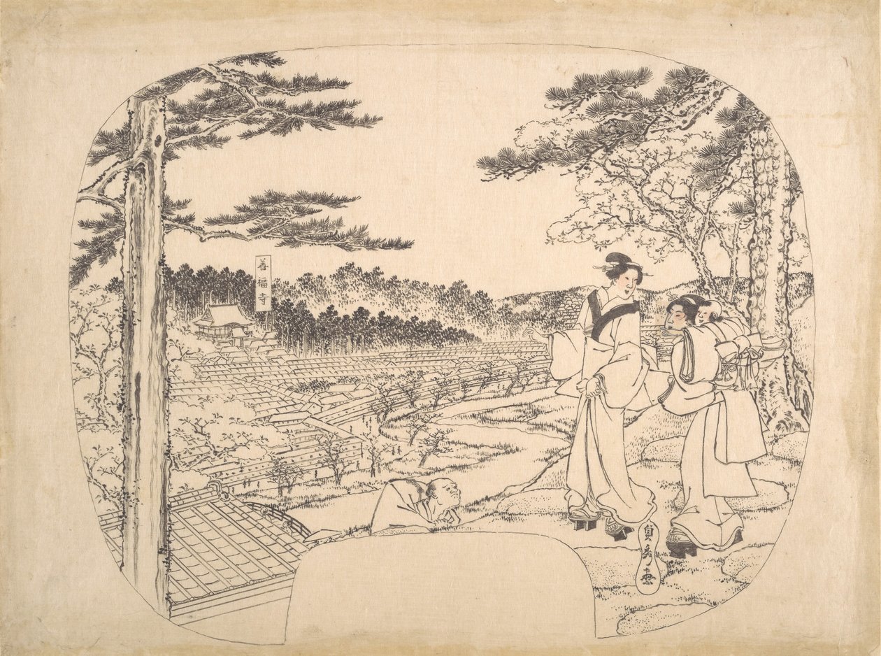 Két nő csodálja a látnivalókat egy nézőpontból... a Zenpukuji templom, 19. század. alkotó: Sadahide Utagawa