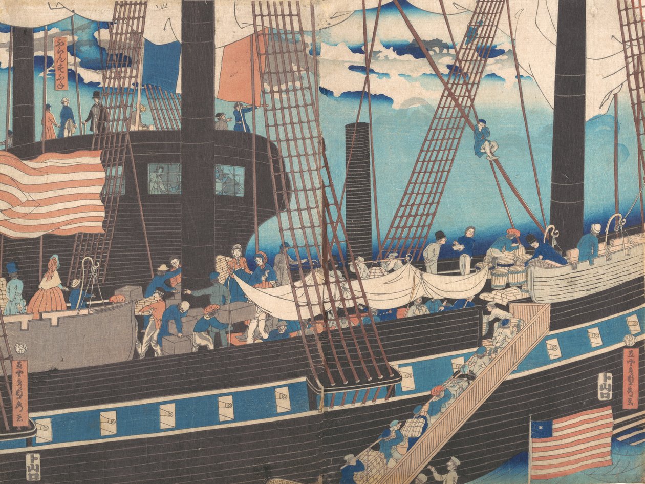 „Yokohama Trade: Westerners Loading Cargo”, 4. hónap, 1861. alkotó: Sadahide Utagawa