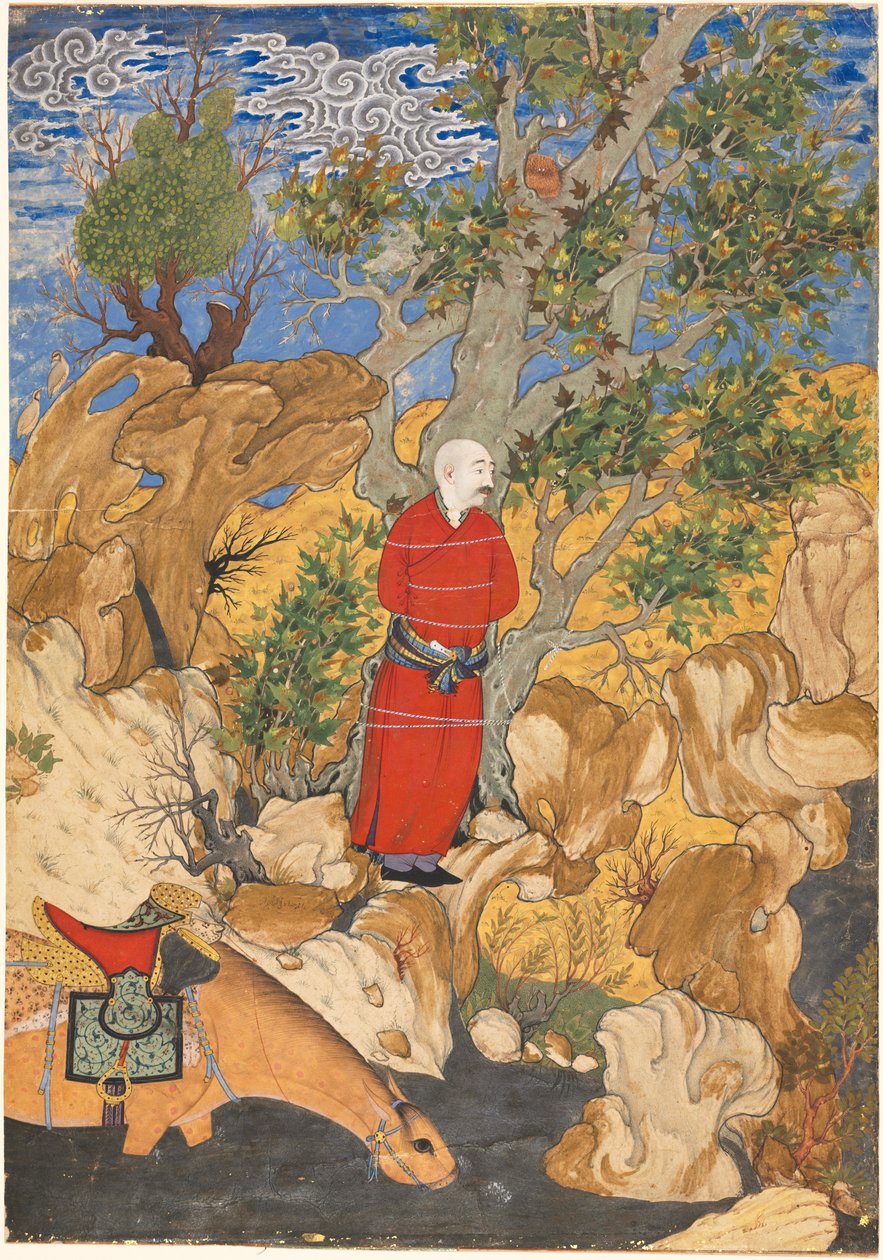 Aulad platánhoz kötve, Firdausi Shahnamából, 1575-1600. alkotó: Sadiqi Bek