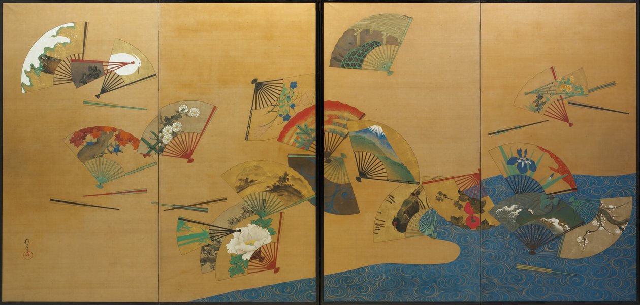 Ventilátorok és patak, Edo-korszak, 1820-28 körül (tinta, szín, arany és ezüst, selyem) alkotó: Sakai Hoitsu