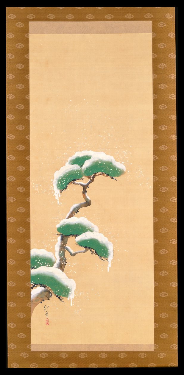 Hóba burkolt fenyőt ábrázoló függő tekercs, a Három évszak triptichonjából, japán, 19. század eleje alkotó: Sakai Hoitsu