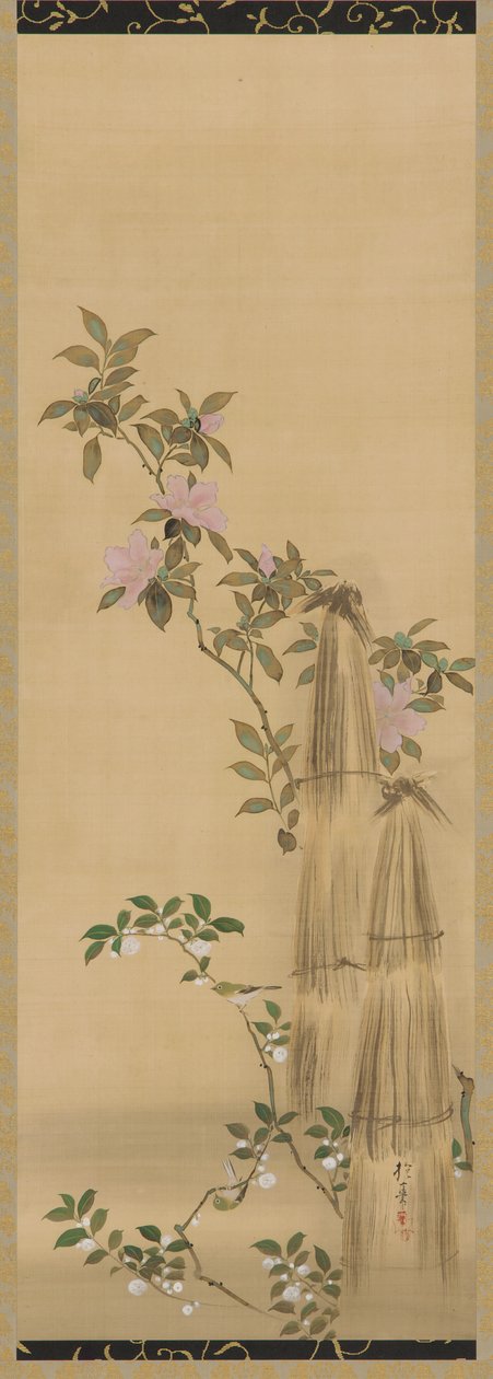 Rózsaszín és fehér virágok és szalmatakarók, Edo-korszak, 1761-1828. alkotó: Sakai Hoitsu