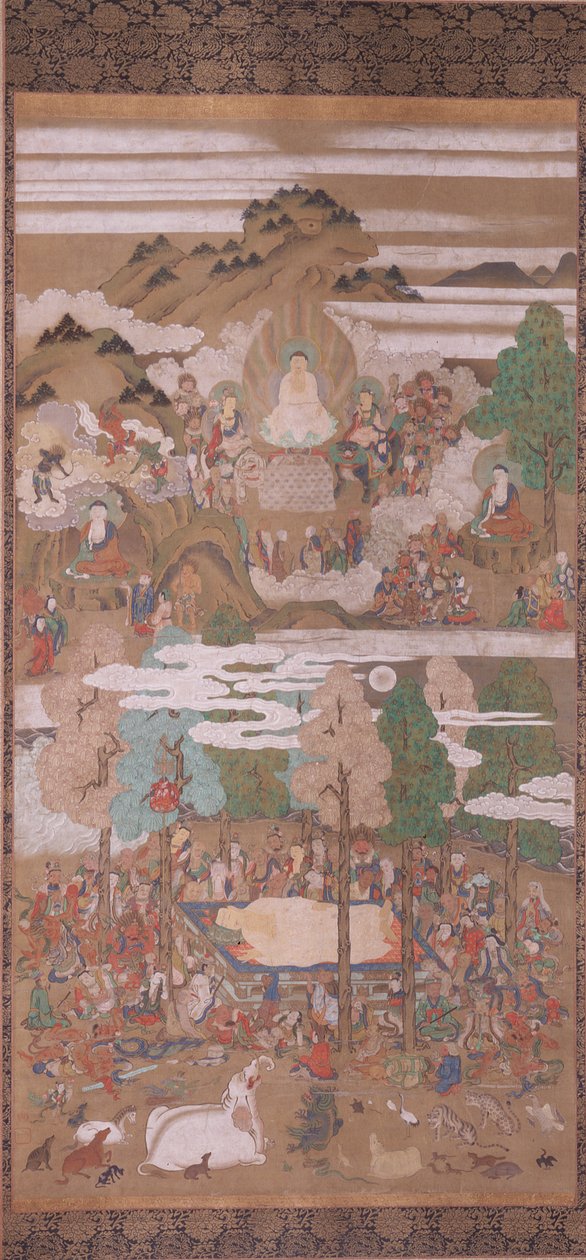 Sakyamuni Buddha halála (tus, színes és arany, selyem) alkotó: Sakon Sadatsuna