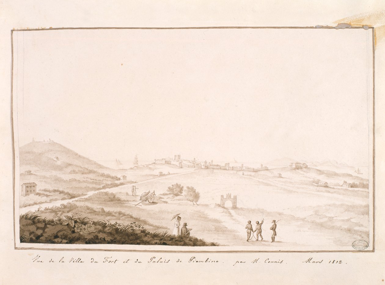Kilátás az erődített városra és a Piombino-palotára, 1812 alkotó: Salomon Guillaume Counis