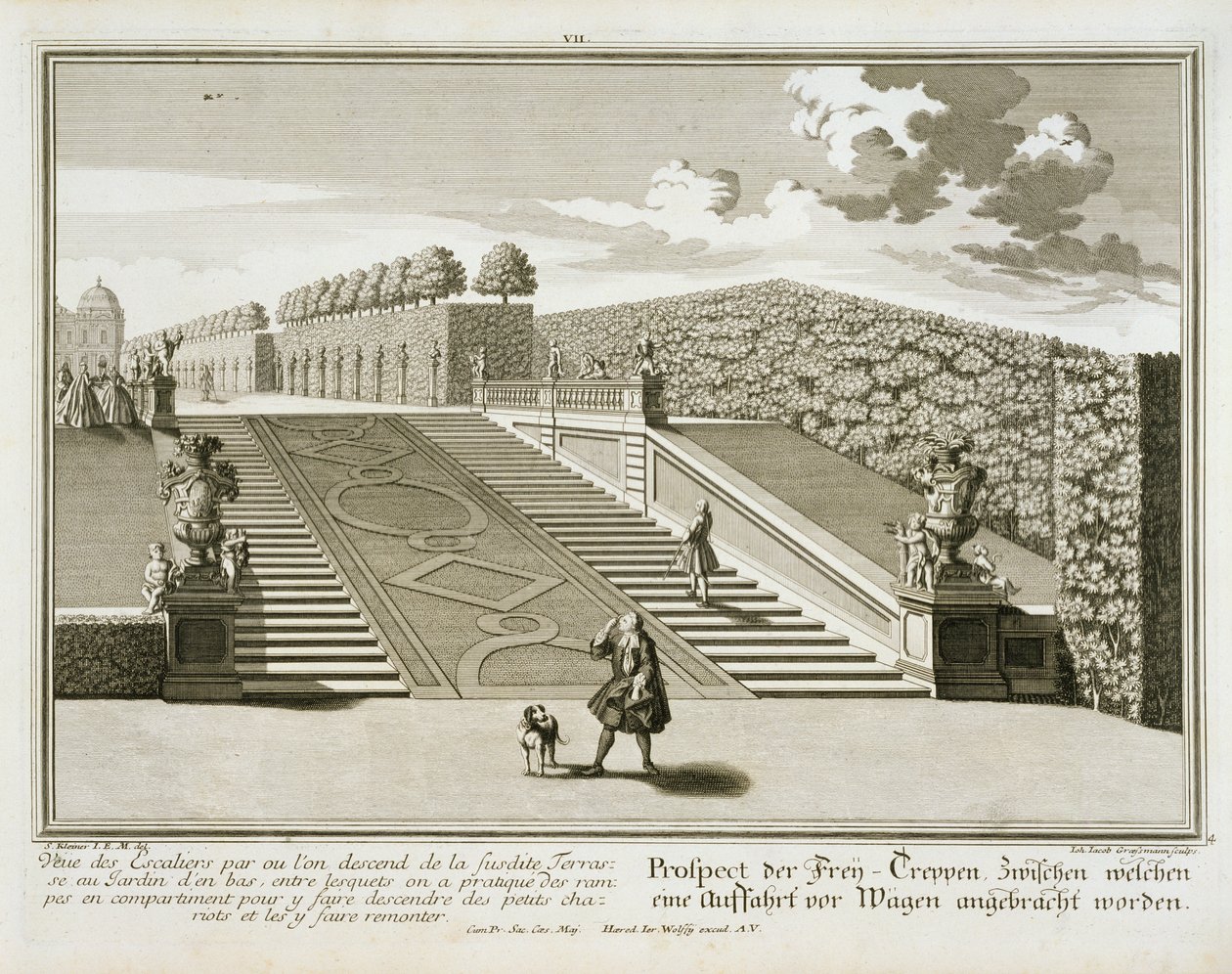 Lépcső a kerti teraszra, Belvedere palota, Bécs, metszet, Johann Jacob Grossmann, 1730-40 körül jelent meg. alkotó: Salomon Kleiner