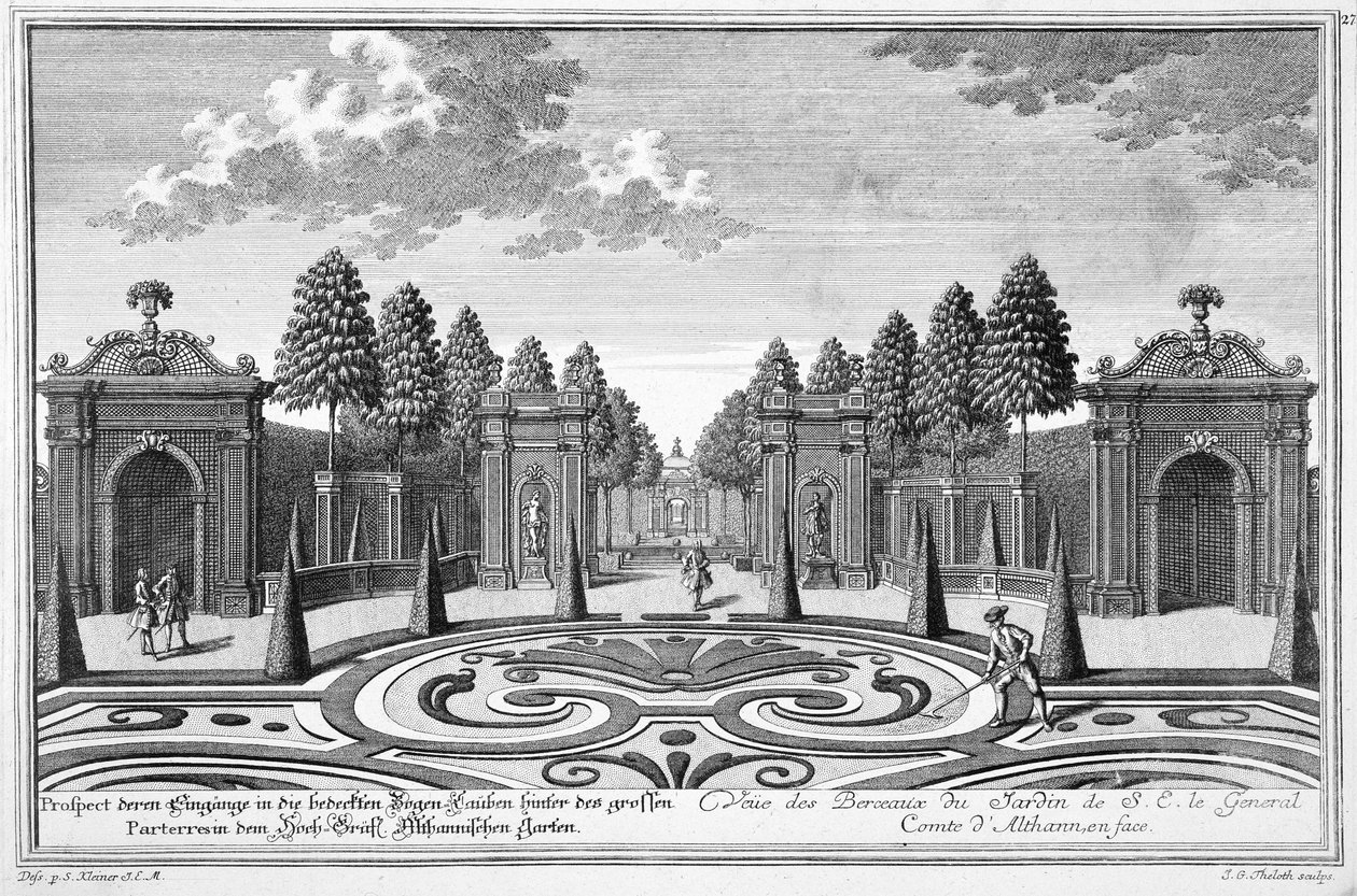 Althan gróf kertjei, Bécs, „A következő élvezeti kertek bemutatása a Residenz-Stadt Wienen kívül” című művéből, vésette Johann Gottfried Thelott (1711-55) alkotó: Salomon Kleiner