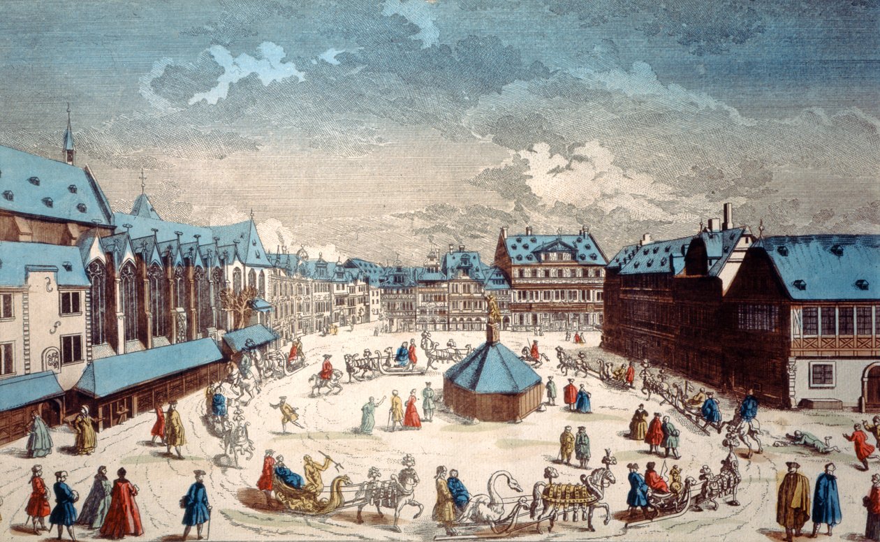 Kilátás a Liebfrauenberg térre télen, Frankfurt am Main, 1738 alkotó: Salomon Kleiner