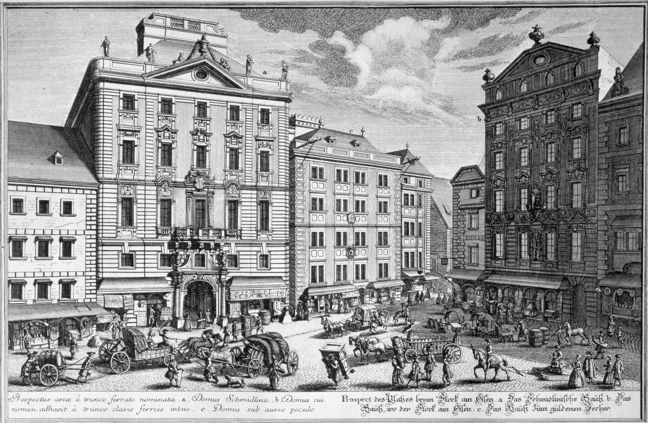 A bécsi Stock-im-Eisen-Platz látképe Karl Remshard (1678-1735) metszetében alkotó: Salomon Kleiner