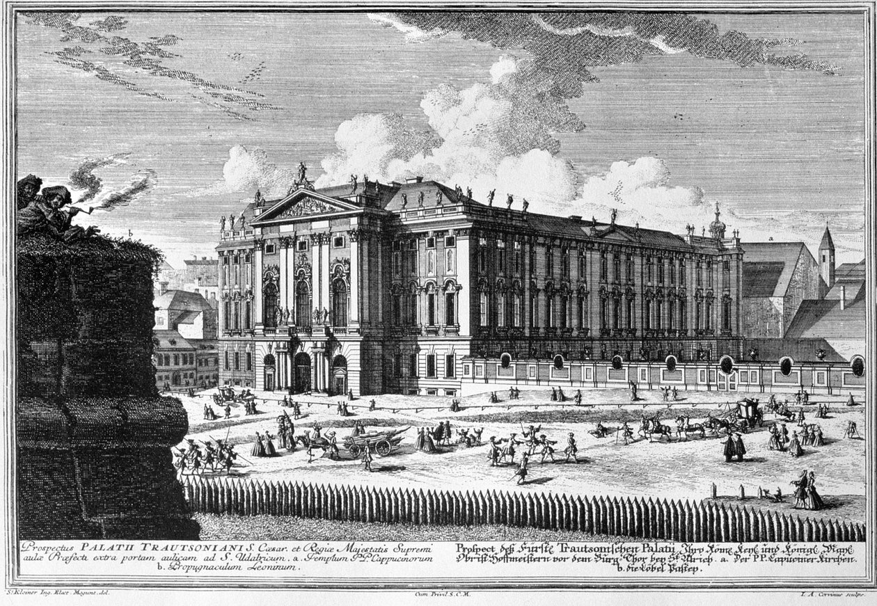 Kilátás a Johann Leopold Donat Trautson gróf számára épített Trautson-palotára, amelyet Johann Bernard Fischer von Erlach (1656-1723) tervezett 1710-ben, metszett Johann-August Corvinus (1683-1738) alkotó: Salomon Kleiner