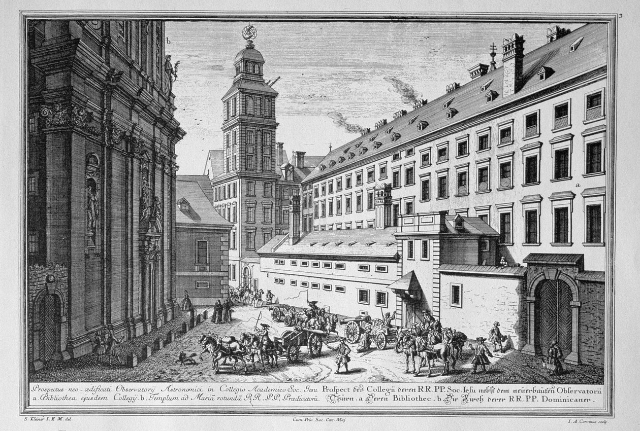 A bécsi jezsuita kollégium új csillagvizsgálójának képe, a könyvtárral és a Szent Mária Rotunda-templommal együtt, Johann-August Corvinus (1683-1738) metszetével alkotó: Salomon Kleiner