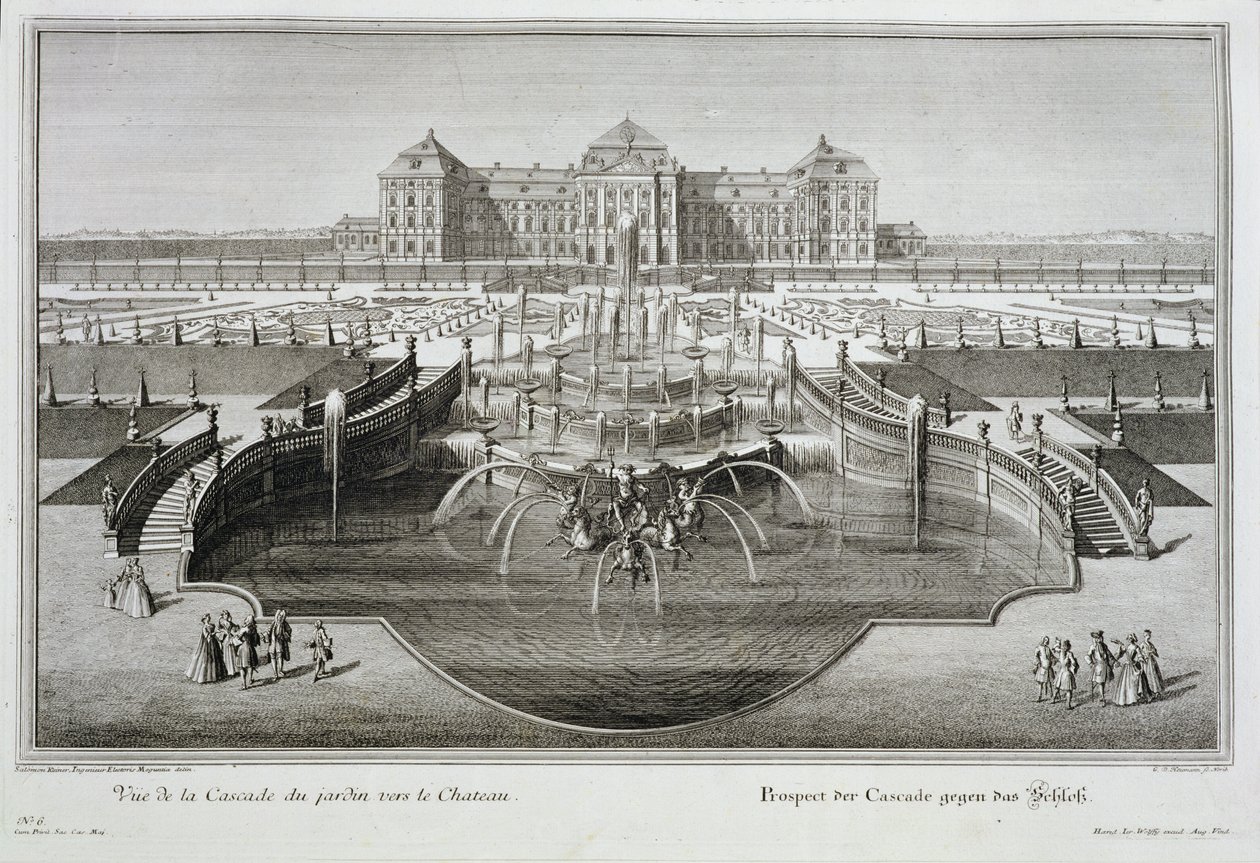 Weissenstein, kilátás a várra a barokk kaszkádról, metszett Georg-Daniel Heumann (1691-1759), megjelent 1728 alkotó: Salomon Kleiner