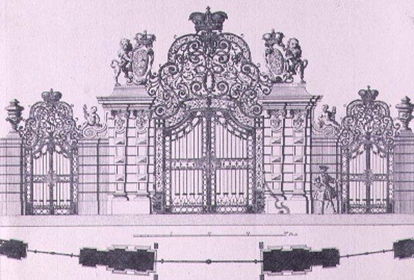 A bécsi Belvedere kastély bejárati kapujának terve és magassága valószínűleg Johann George Oegg tervezte 1725 körül, metszett Johann August Corvinus (1683-1738) alkotó: Salomon after Kleiner