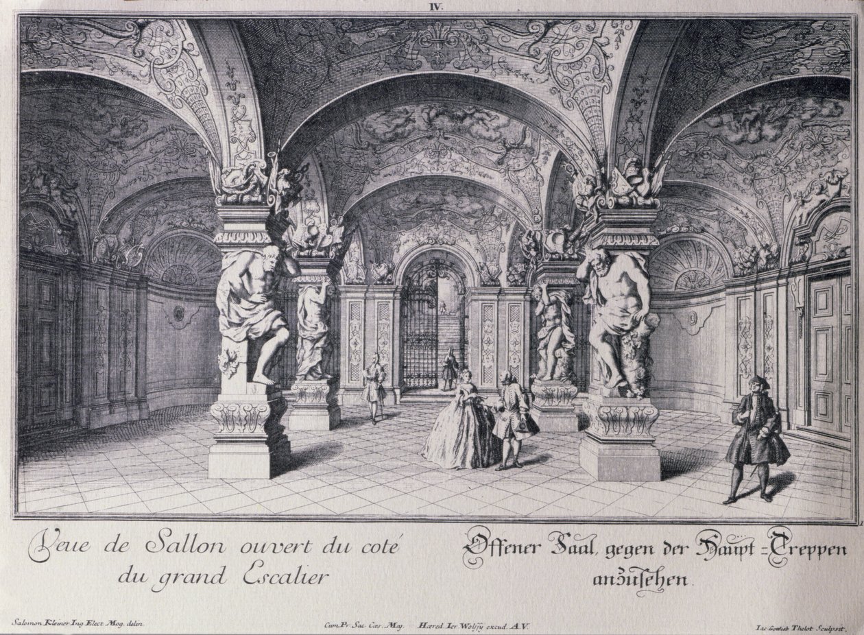 A bécsi Felső-Belvedere csarnoka (Sala Terrena) 1721-ben kezdődött Johann Lukas von Hildebrandt által, metszett Thelot alkotó: Salomon after Kleiner