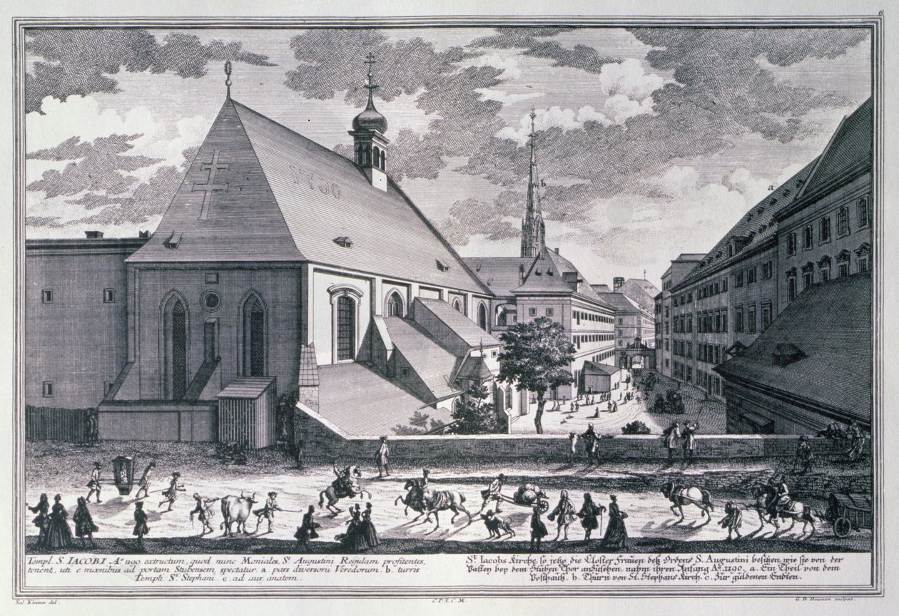 A bécsi Szent Jakab-templom látképe, Georg-Daniel Heumann (1691-1759) metszete. alkotó: Salomon after Kleiner