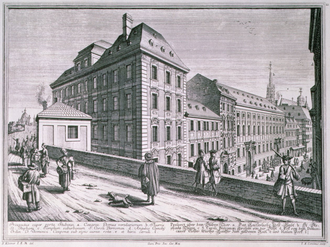 Kilátás a bécsi Szent István-székesegyház környékére, Johann-August Corvinus (1683-1738) metszete alkotó: Salomon after Kleiner