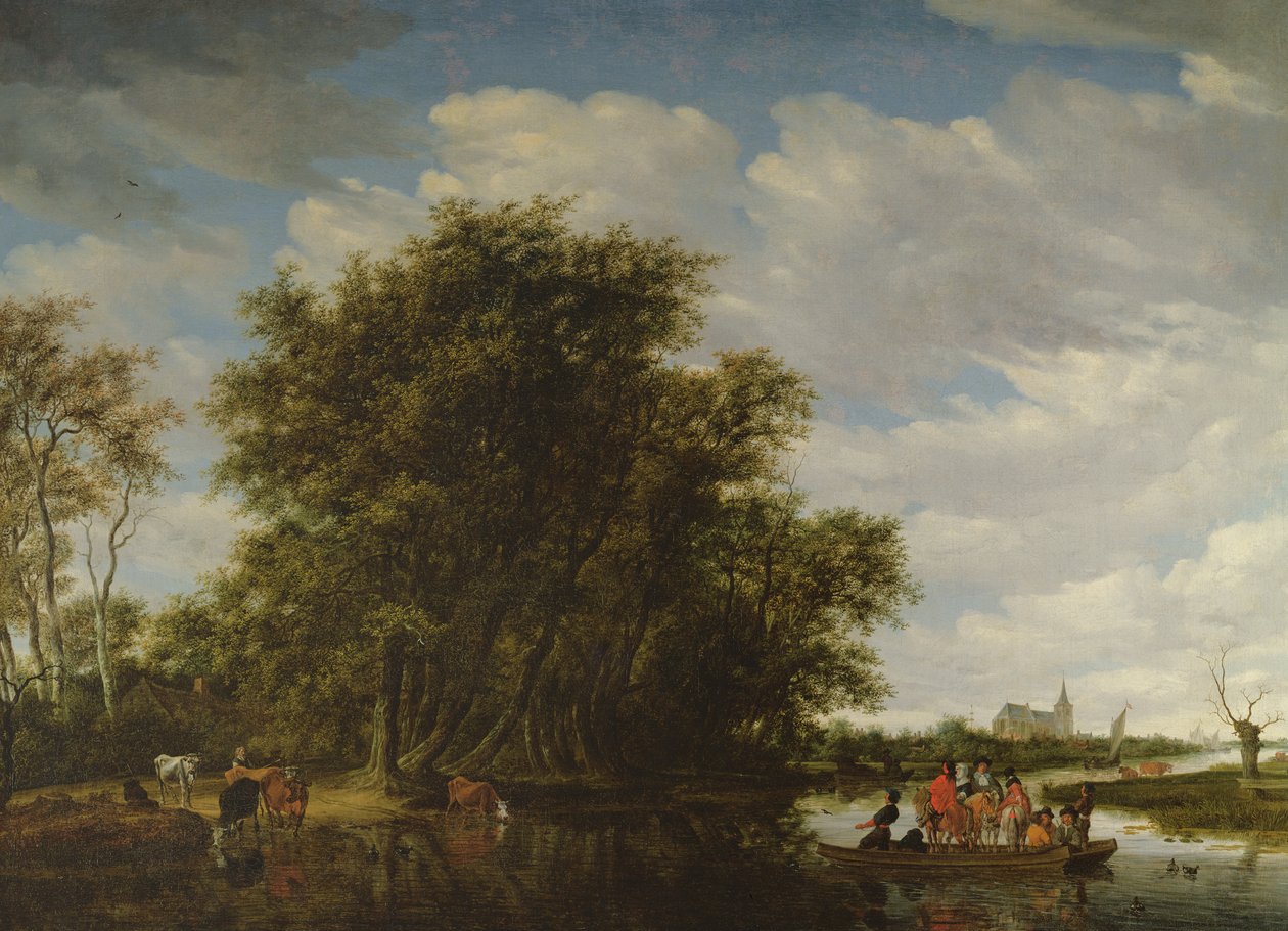 Folyói táj alakokkal egy kompban alkotó: Salomon van Ruisdael or Ruysdael