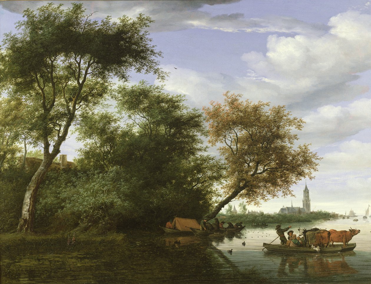Erdős folyó táj figurákkal és szarvasmarhákkal egy kompon alkotó: Salomon van Ruisdael or Ruysdael