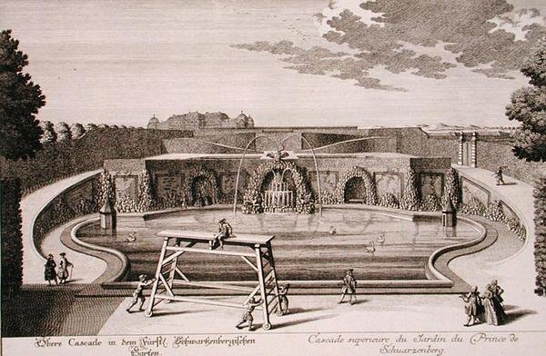 Nagy szökőkút a bécsi Schwarzenberg herceg kertjében, Georg-Daniel Heumann (1691-1759) metszete, kiadva 1724-37 körül (metszet) (lásd még: 170853) alkotó: Salomon (after) Kleiner