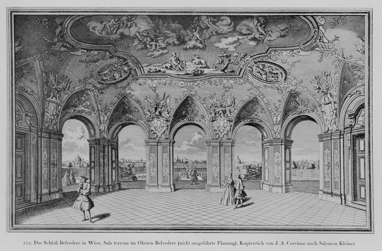Oberes Belvedere: Sala terrena, kivitelezetlen terv, metszett Johann August Corvinus (litho) alkotó: Salomon (after) Kleiner