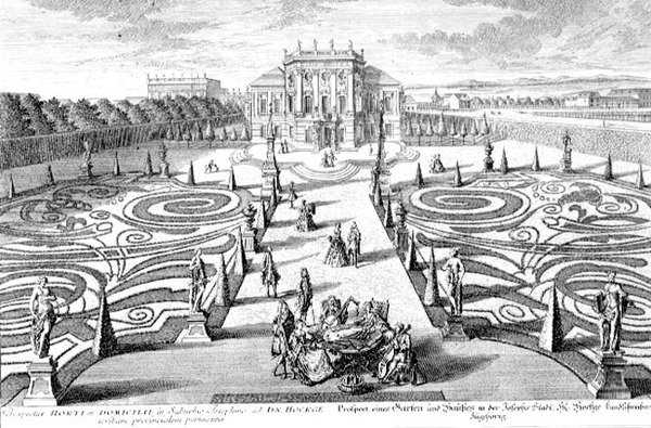 Kilátás egy kertre és házra Josefstadtban, Bécsben, metszett Johann August Corvinus (1683-1738) (metszet) alkotó: Salomon (after) Kleiner