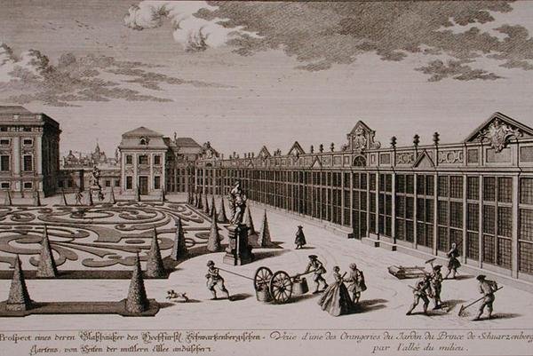 A bécsi Schwarzenberg herceg kertjében található egyik narancsház képe, Georg-Daniel Heumann (1691-1759) metszete, 1724-37 körül megjelent (metszet) (lásd még: 170855) alkotó: Salomon (after) Kleiner