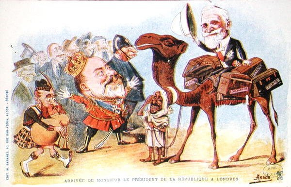Karikatúra Emile Loubet (1838-1929) francia köztársasági elnök érkezéséről Londonba 1903-ban (színes litográfia) alkotó: Salomon Assus
