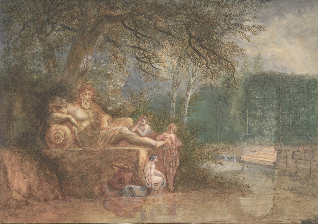 Egy park alakokkal a víz melletti szobornál, 1775. alkotó: Salomon Gessner