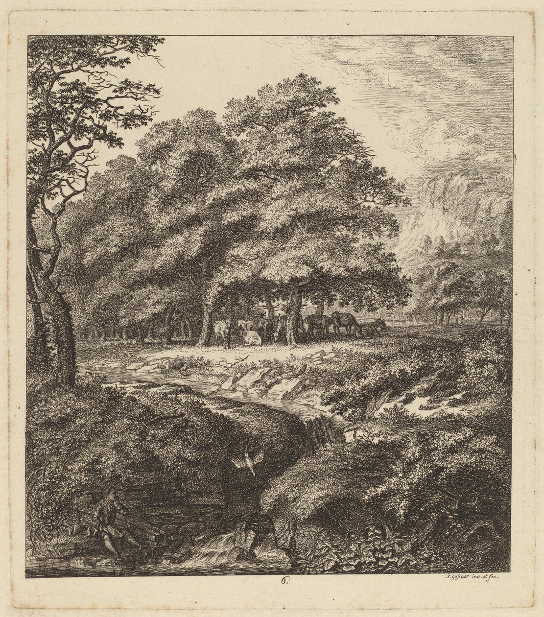 Ligetben pihenő szarvasmarha egy patak mellett ülő emberrel, 1764. alkotó: Salomon Gessner